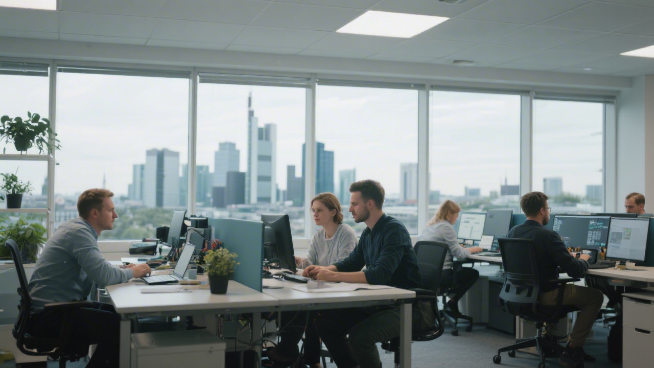 Modern Berlin office workspace overlooking city skyline where payroll software engineers and consultants collaborate closely