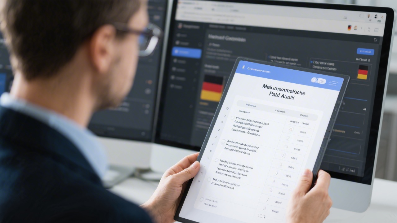 Compliance specialist reviewing payroll audit checklist with encrypted document storage interface and German regulatory references visible