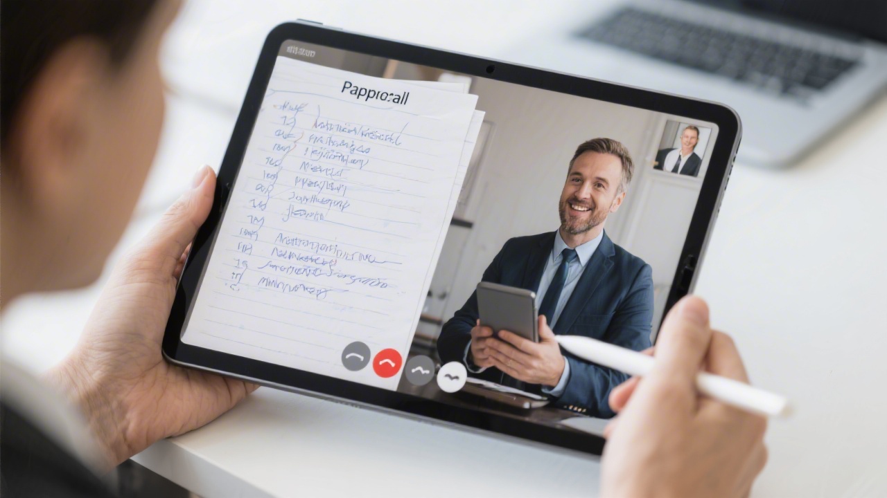 Payroll advisor discussing implementation roadmap with client in a modern meeting room with screens