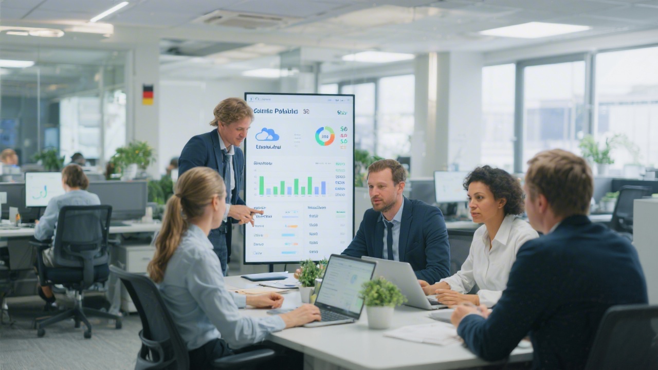Modern open office where payroll specialists collaborate with cloud dashboards showing salary processing metrics for a German mid-sized company team