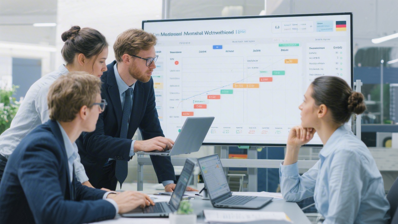 German mid-sized manufacturing payroll team reviewing workforce planning boards and laptops with payroll compliance dashboards