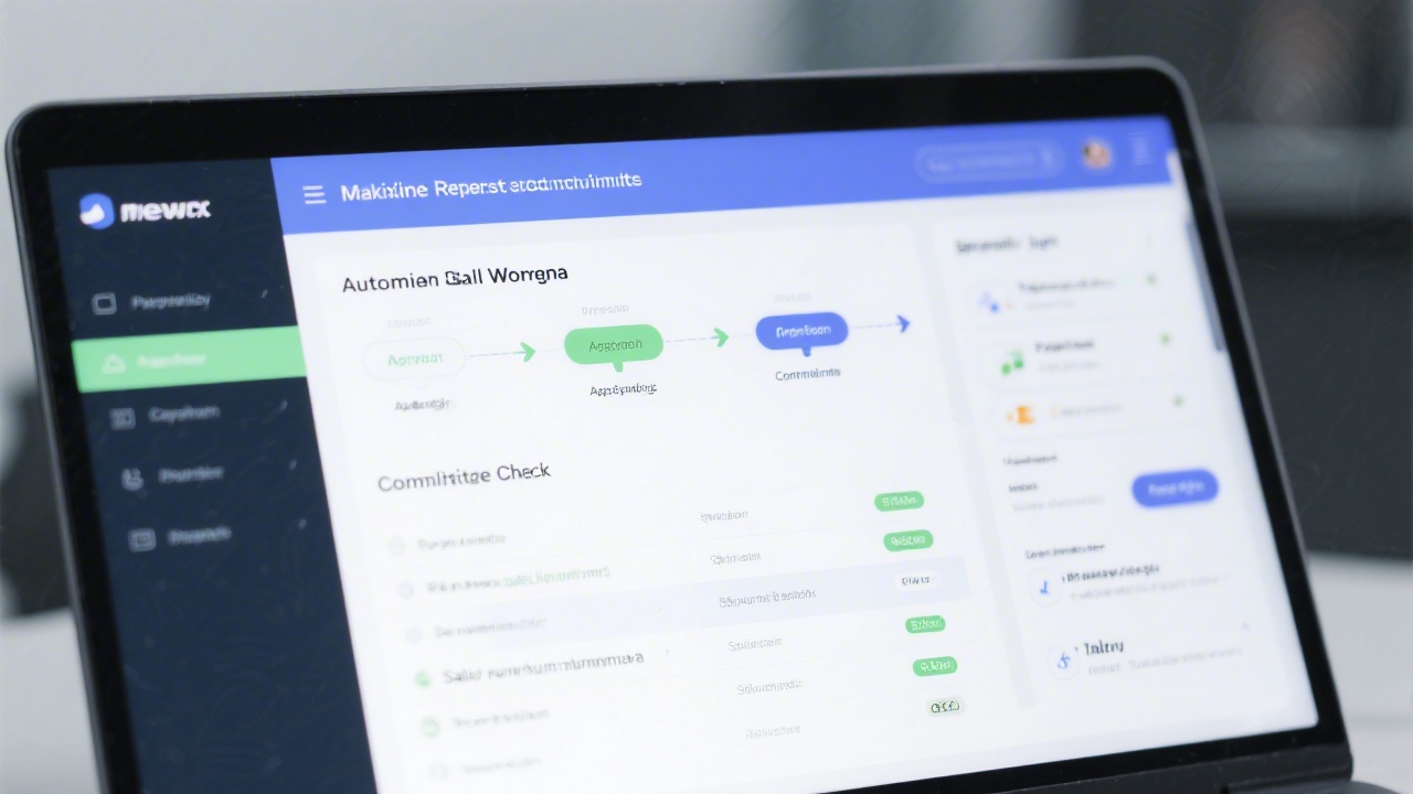 Close up of automated payroll workflow showing approval stages, compliance checks, and salary run simulation on a laptop screen