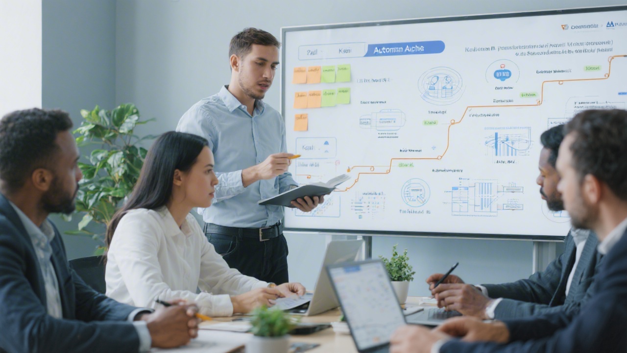 Payroll consultants planning an automation roadmap with digital Kanban board and enterprise architecture diagrams
