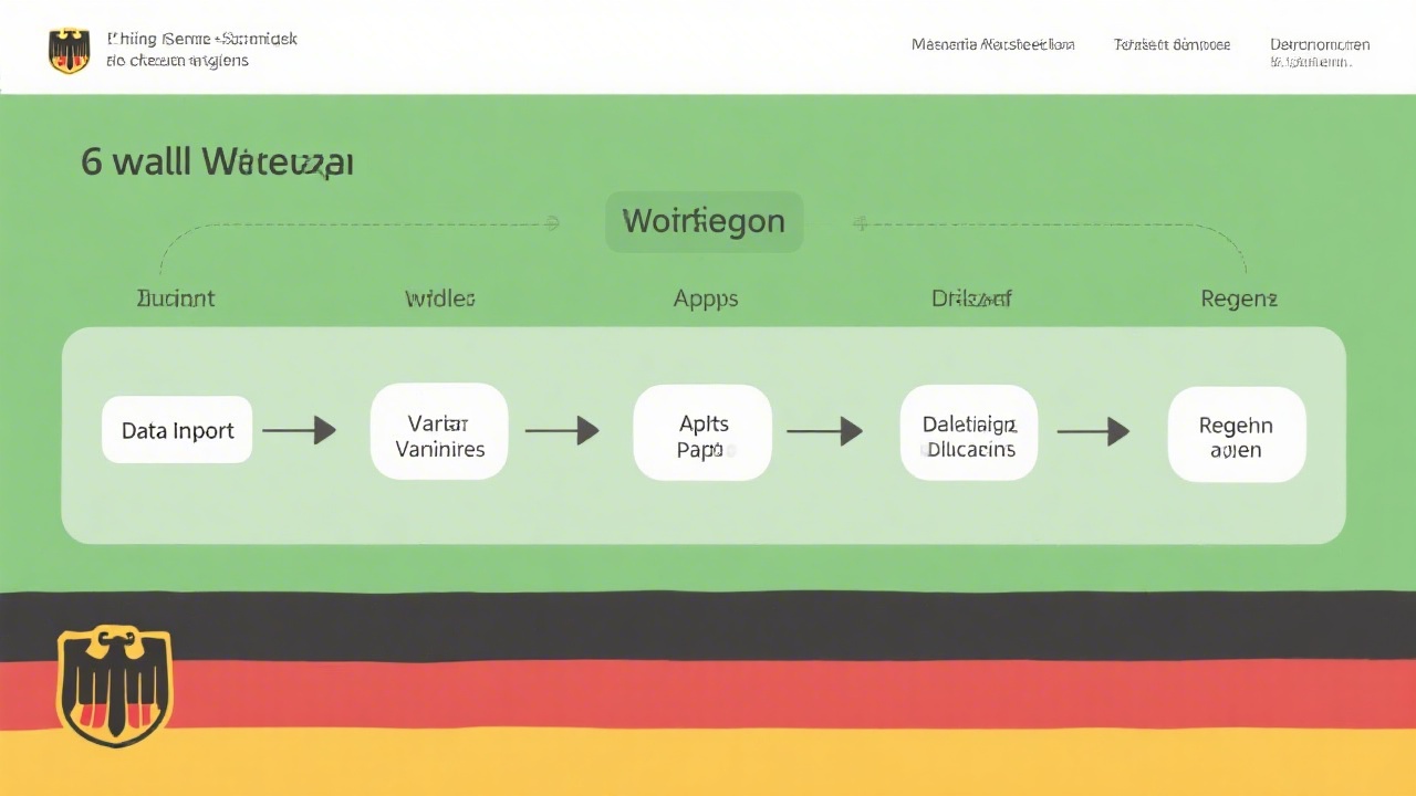 Structured six step payroll workflow diagram connecting data import, validation, approvals, payouts, declarations, and reporting in German context